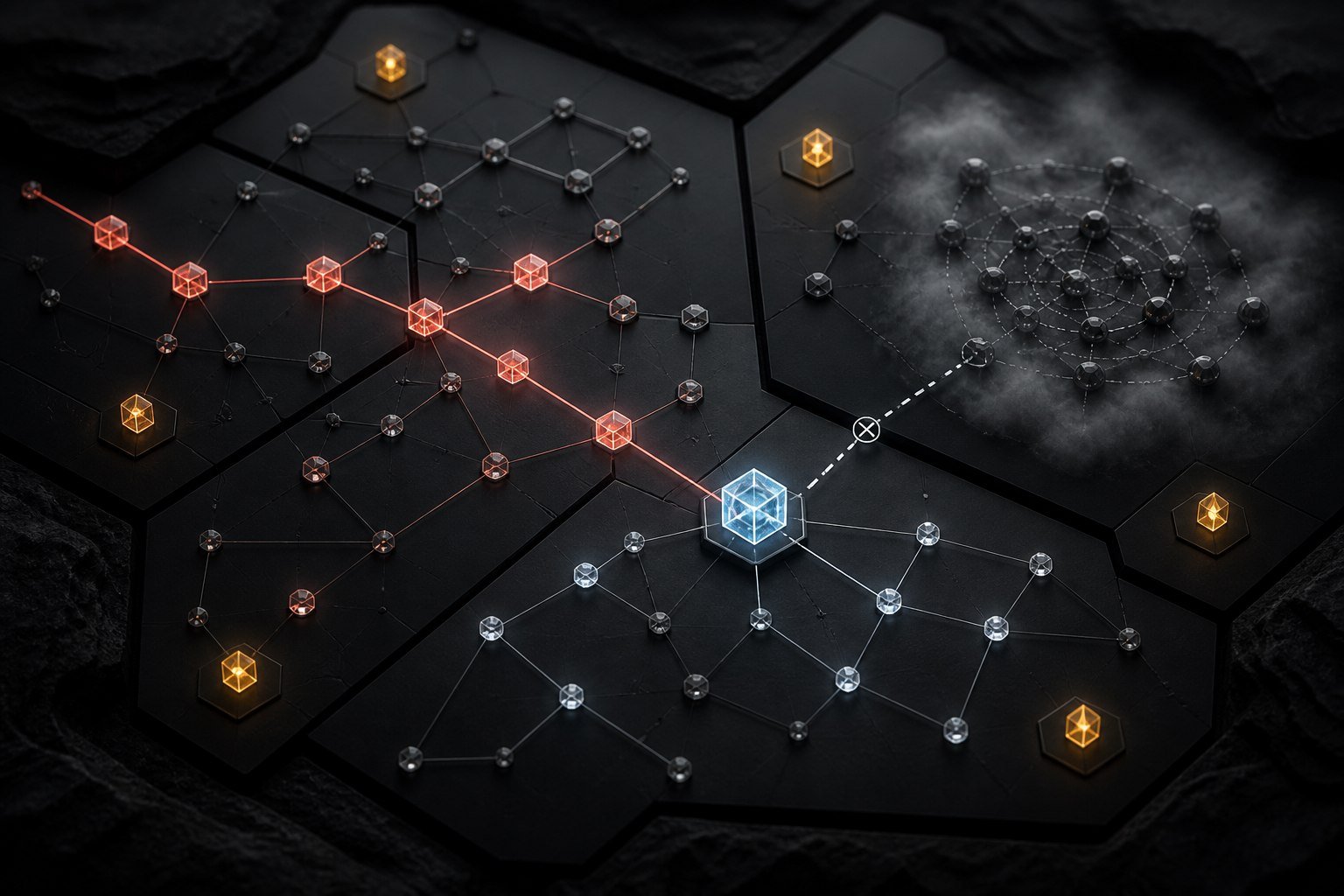 A blockchain trace reaching a verified service while another branch ends at an opaque mixer.