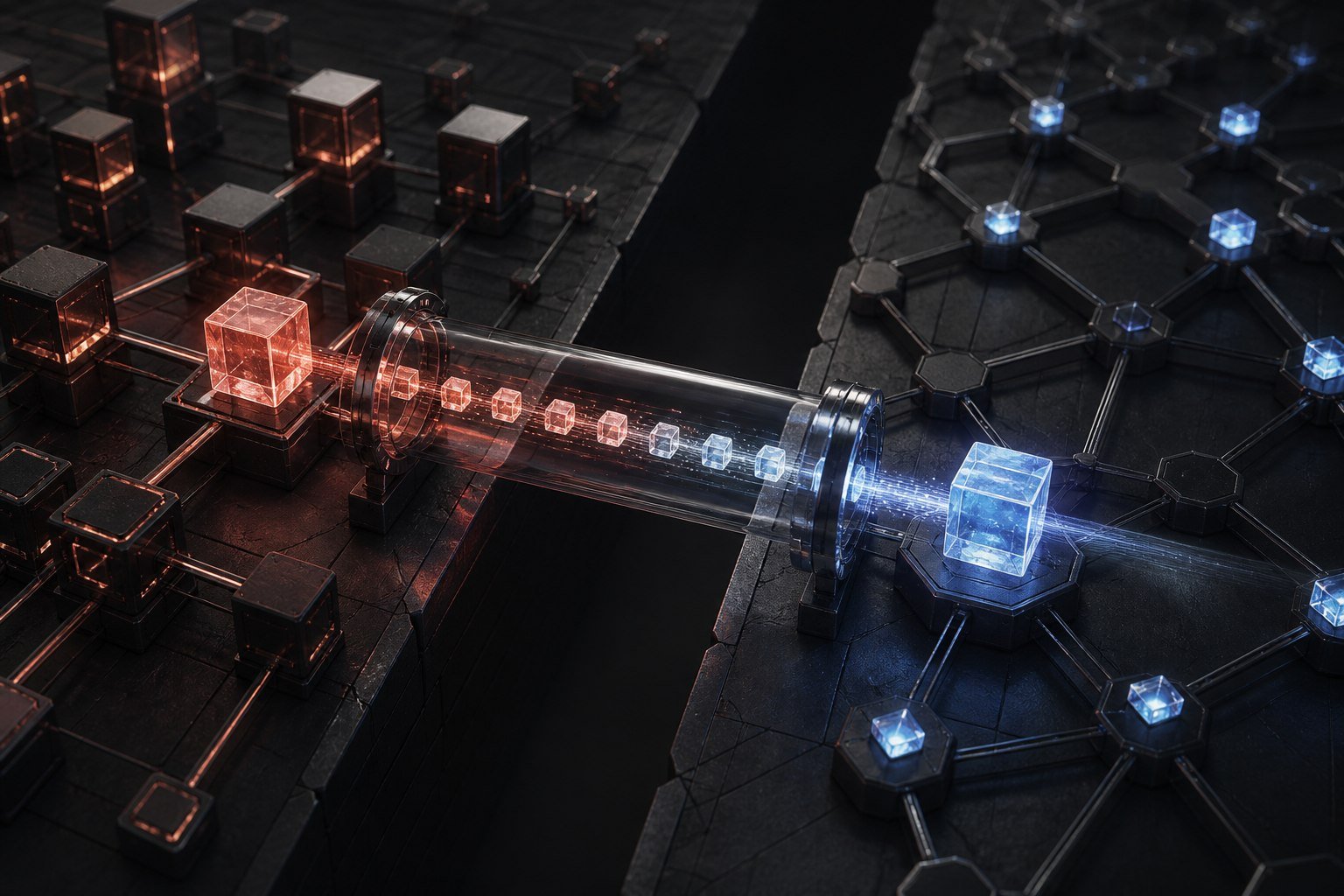 A transaction moving from one blockchain through a matched bridge into another network.