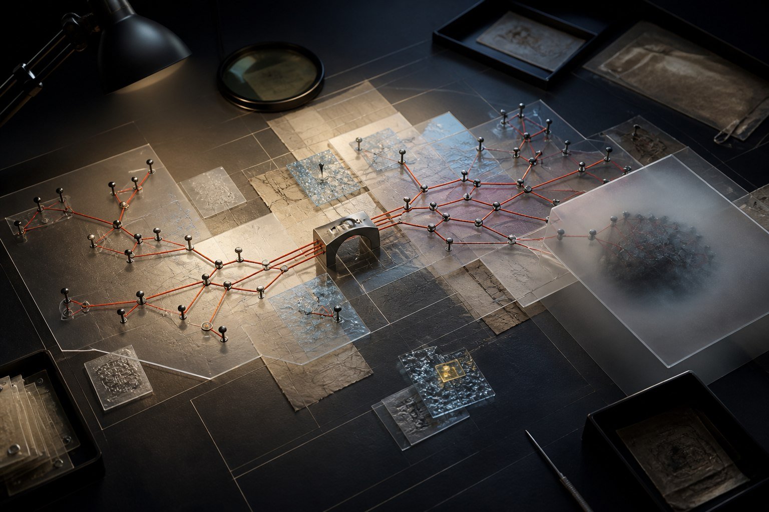 A forensic evidence map following blockchain transaction paths across layered records.