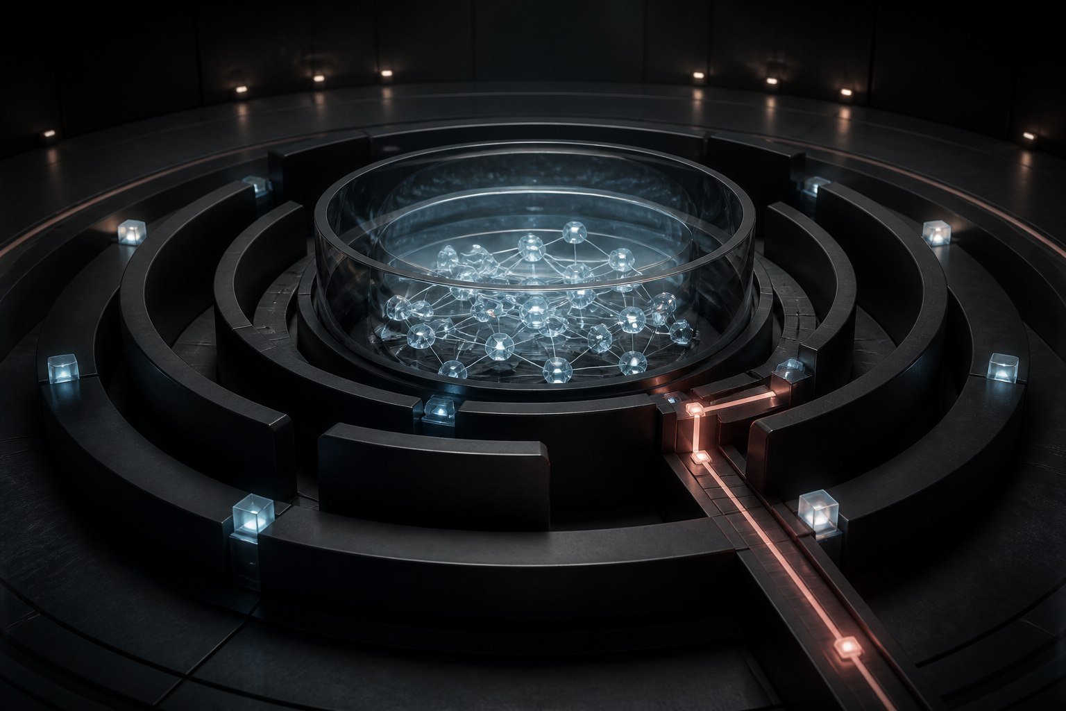 A protected crystalline evidence graph inside concentric access and audit boundaries.
