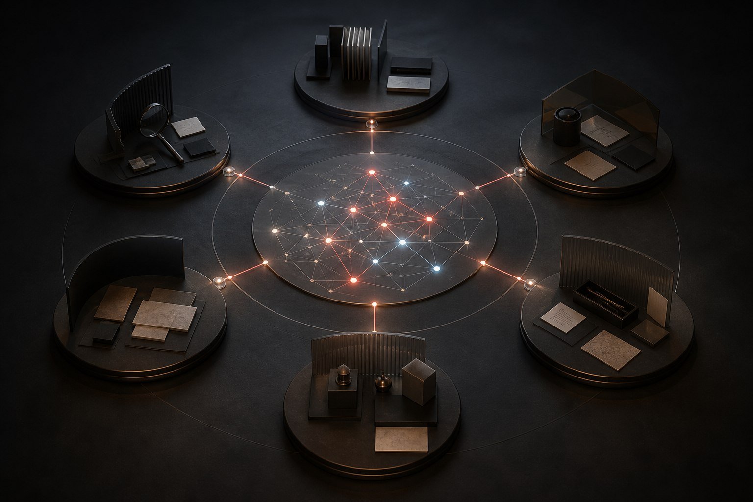 Six professional work surfaces connected to one shared blockchain intelligence graph.