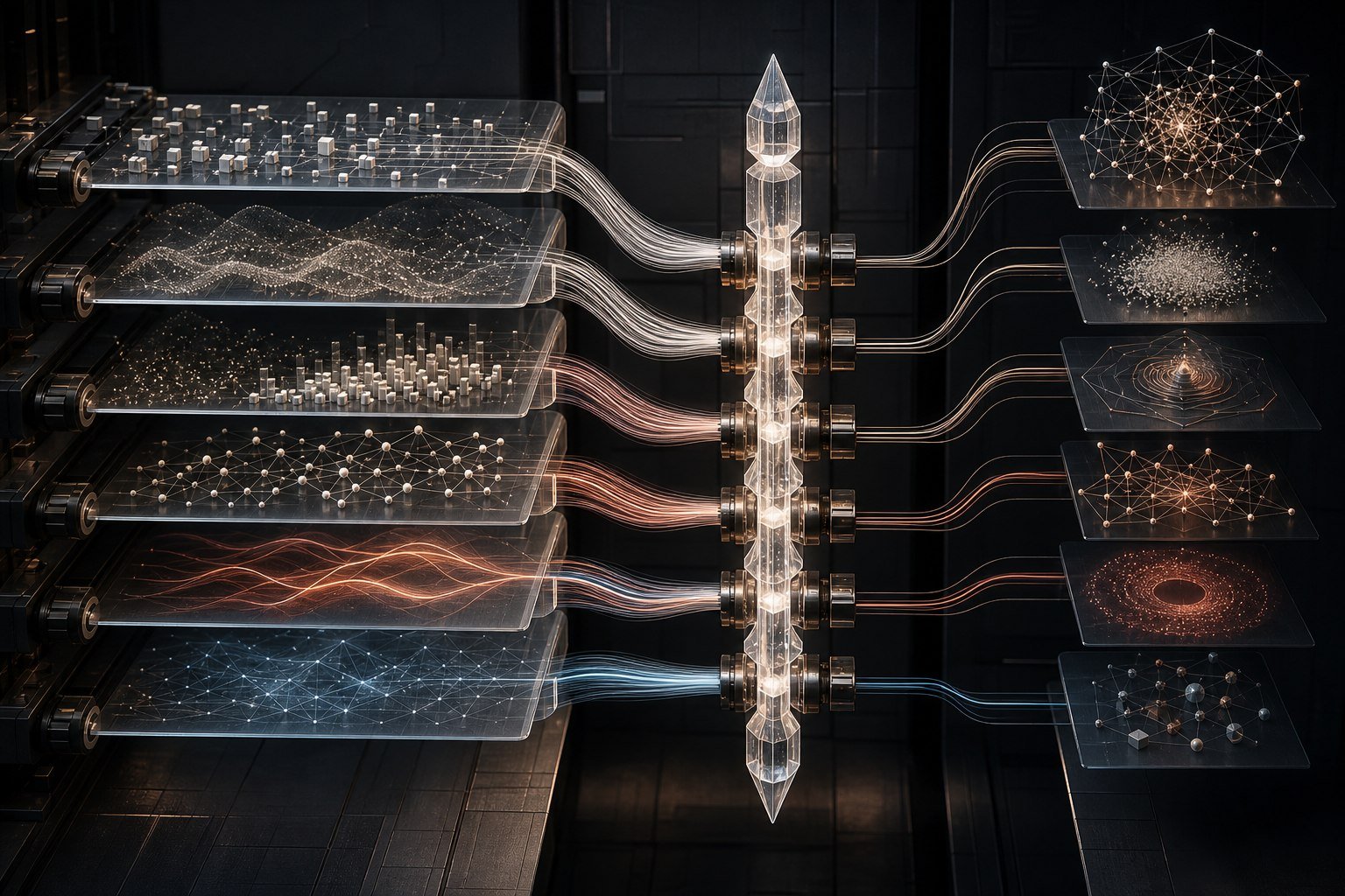Six blockchain processing layers feeding one canonical data spine and its analytical outputs.